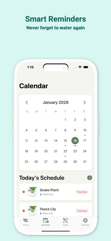Plantora care calendar with upcoming plant tasks